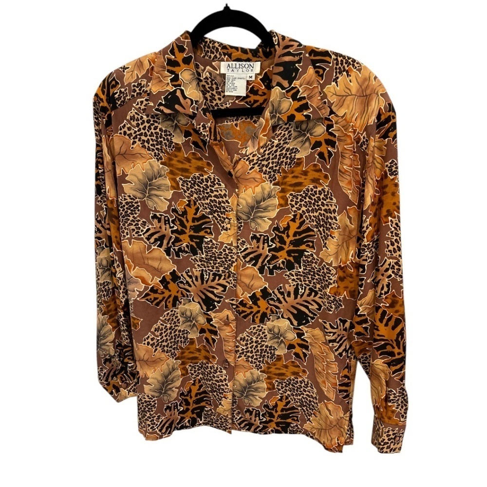Allison Taylor Women's Animal Print Silk Blouse Black Brown Button Up Vintage M - Picture 4 of 4